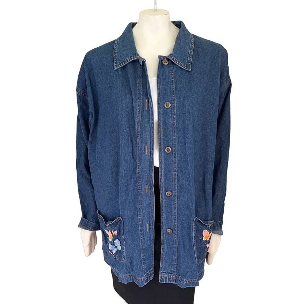 VTG BLAIR Slouchy Denim Jacket  Butterfly embroidered pockets  SZ 2XL